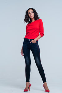 Calças de ganga skinny com listras vermelhas do lado