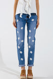 Q2 Calças de ganga skinny com margaridas brancas estampadas em lavagem média