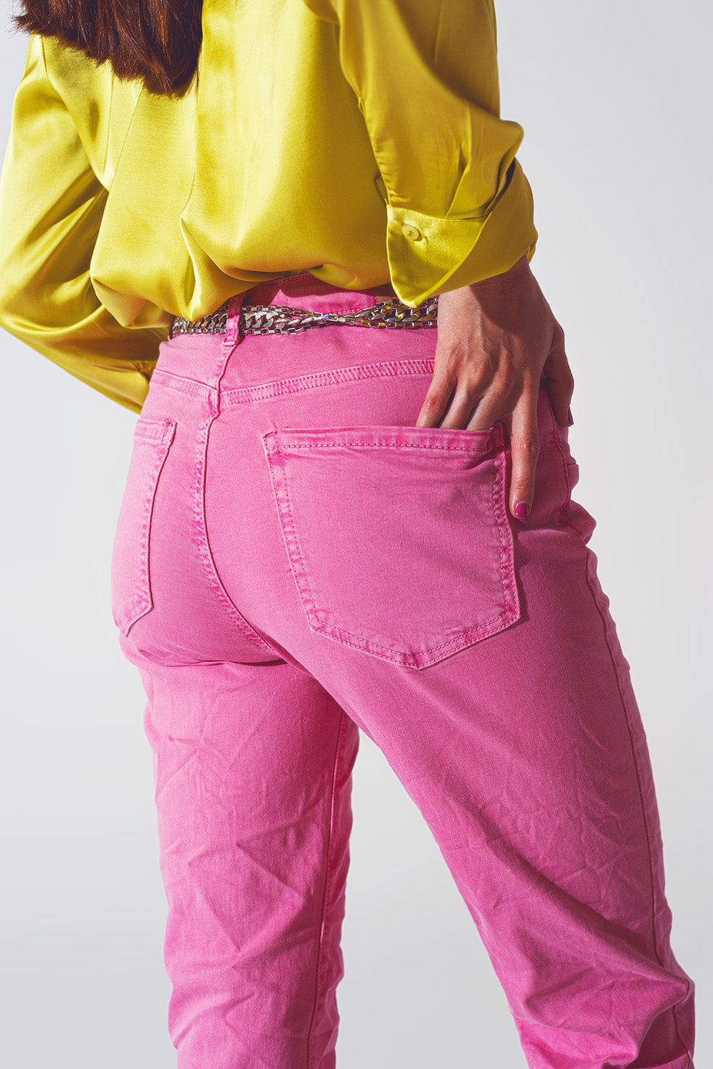 Calças de ganga skinny com rugas cor-de-rosa