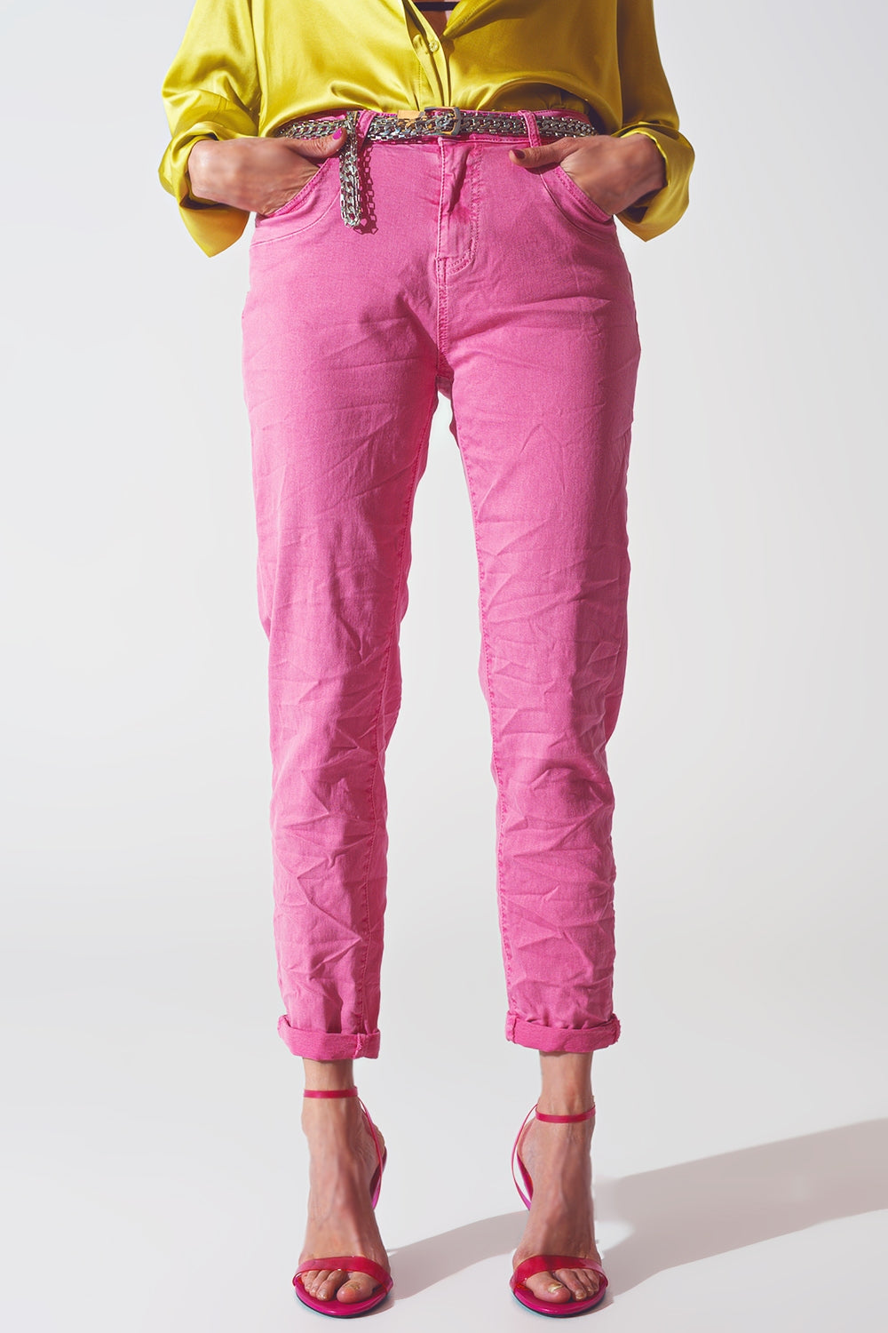 Calças de ganga skinny com rugas cor-de-rosa