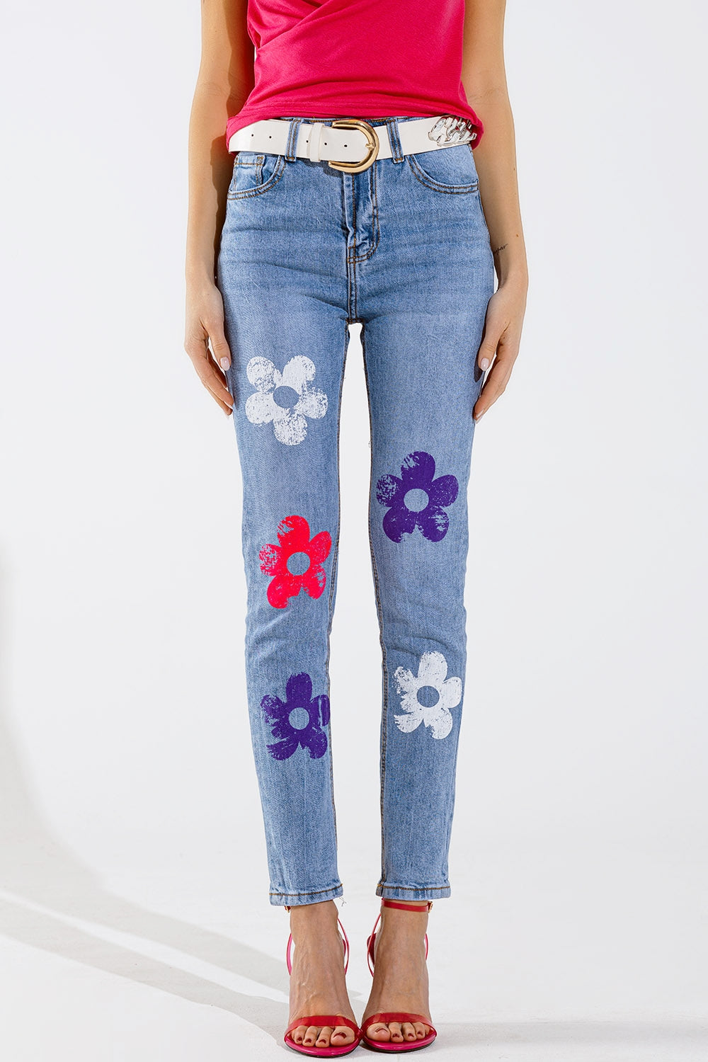 Q2 Calças de ganga skinny de 5 bolsos com pormenor de flores