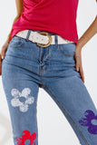 Calças de ganga skinny de 5 bolsos com pormenor de flores