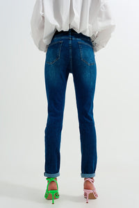 Calças de ganga skinny de algodão azul escuro com ajuste skinny