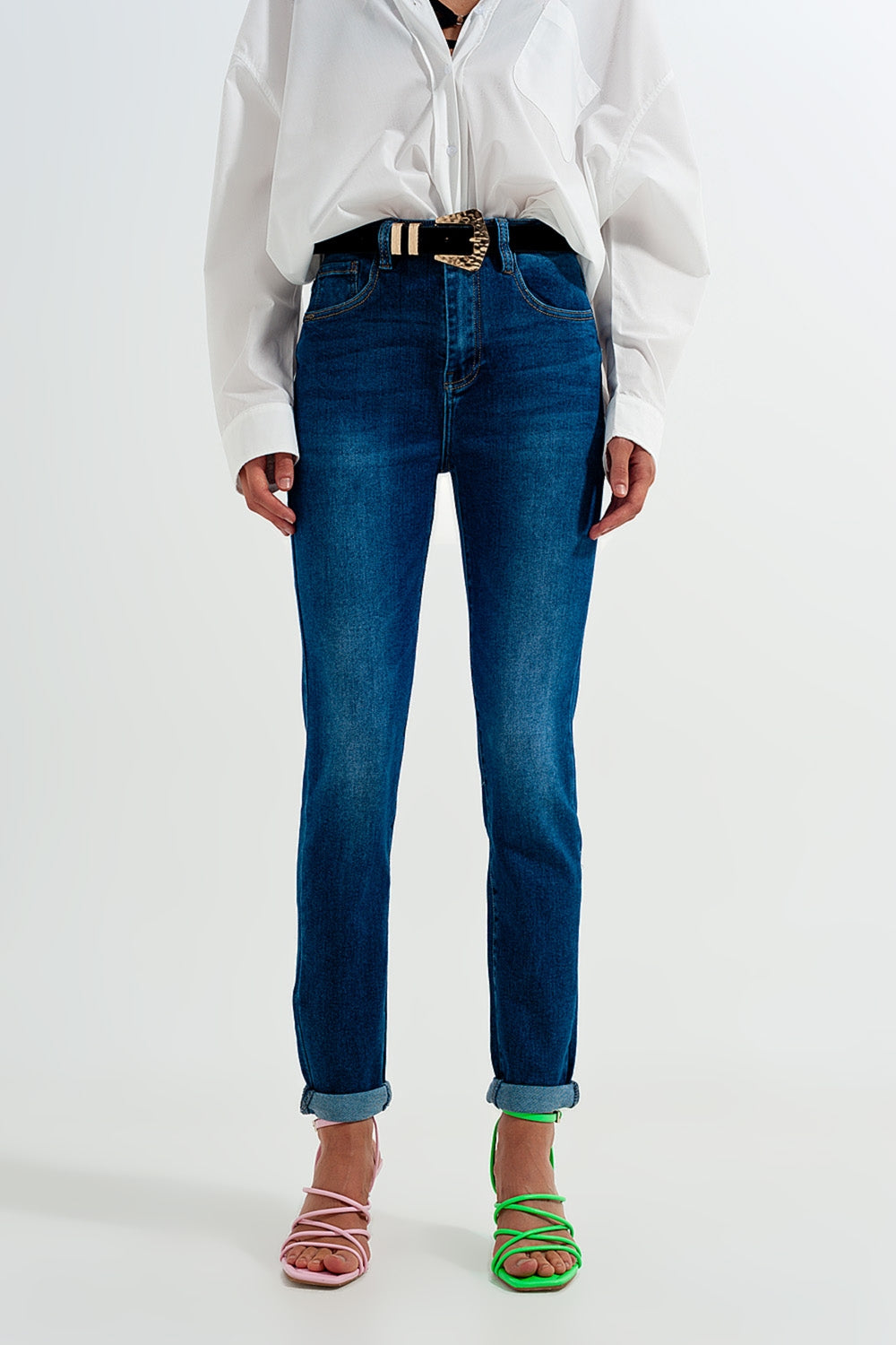 Calças de ganga skinny de algodão azul escuro com ajuste skinny