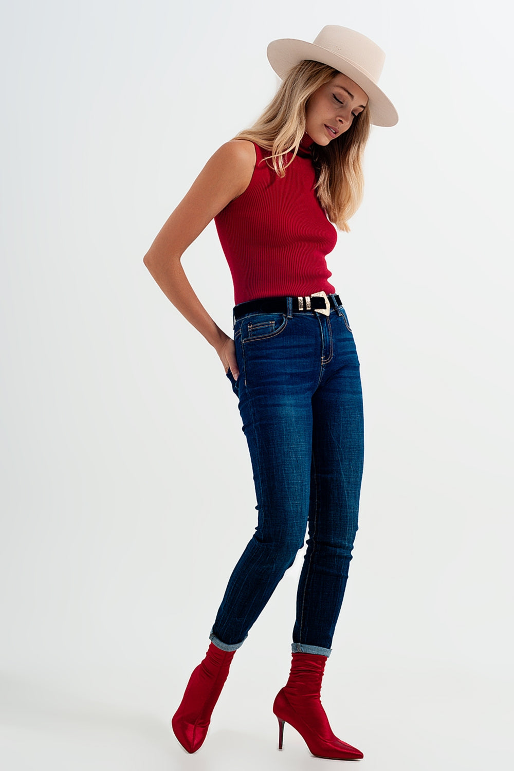 Calças de ganga skinny de cintura alta lavadas de azul