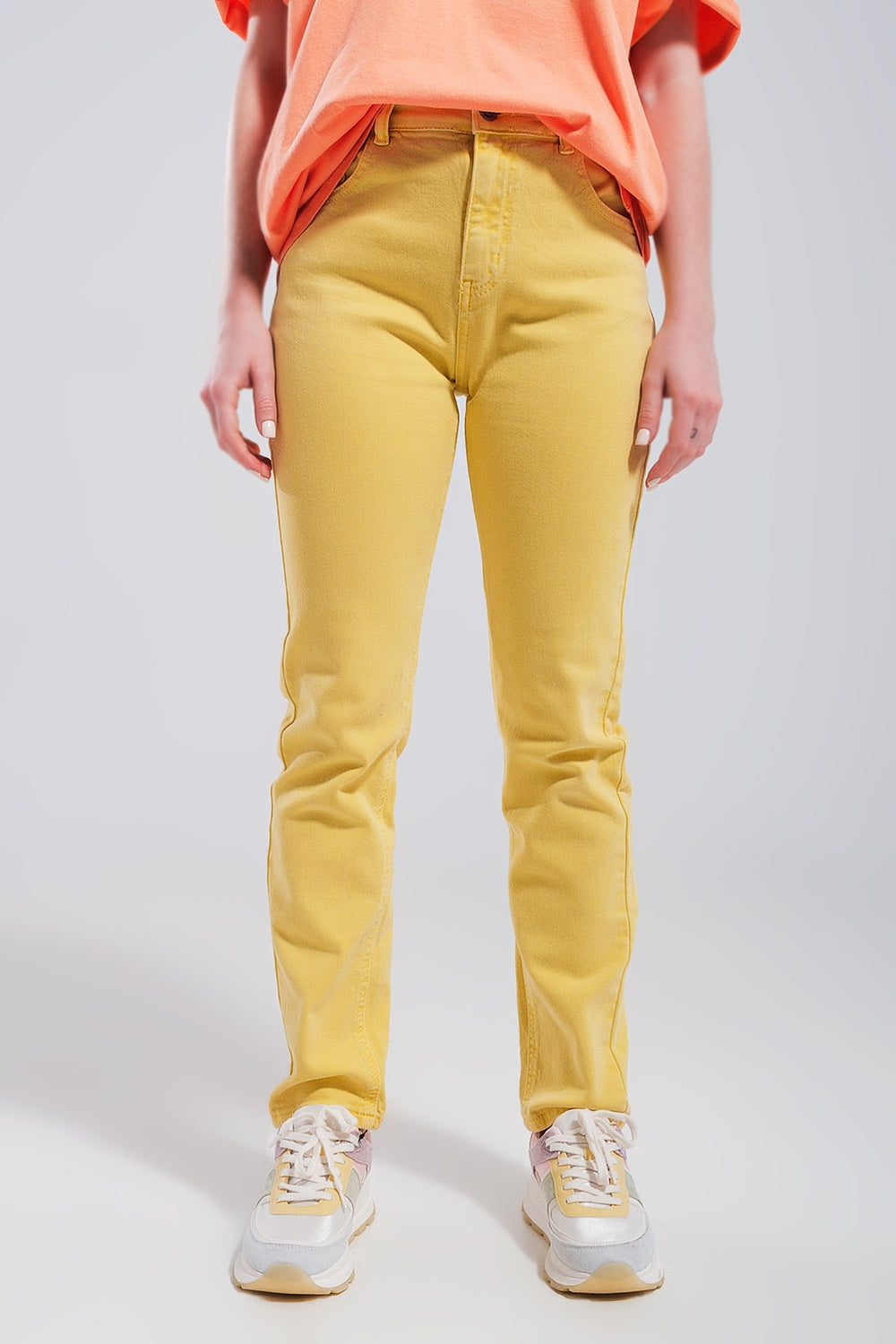Calças de ganga skinny de esticar algodão amarelo
