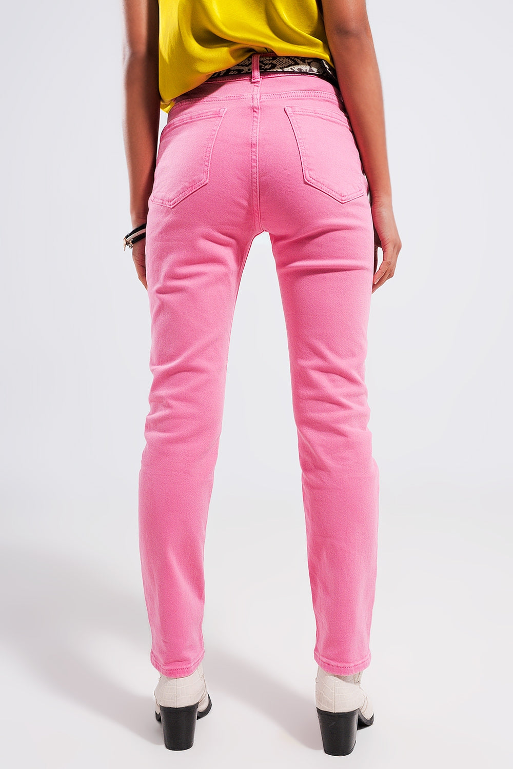 Calças de ganga skinny de esticar algodão rosa
