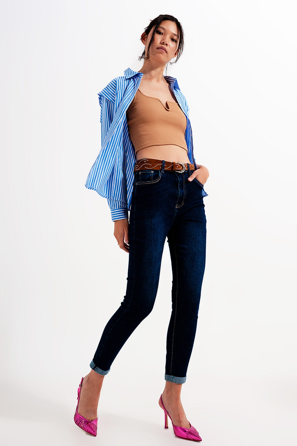 Calças de ganga skinny de lavagem azul escuro com ajuste skinny