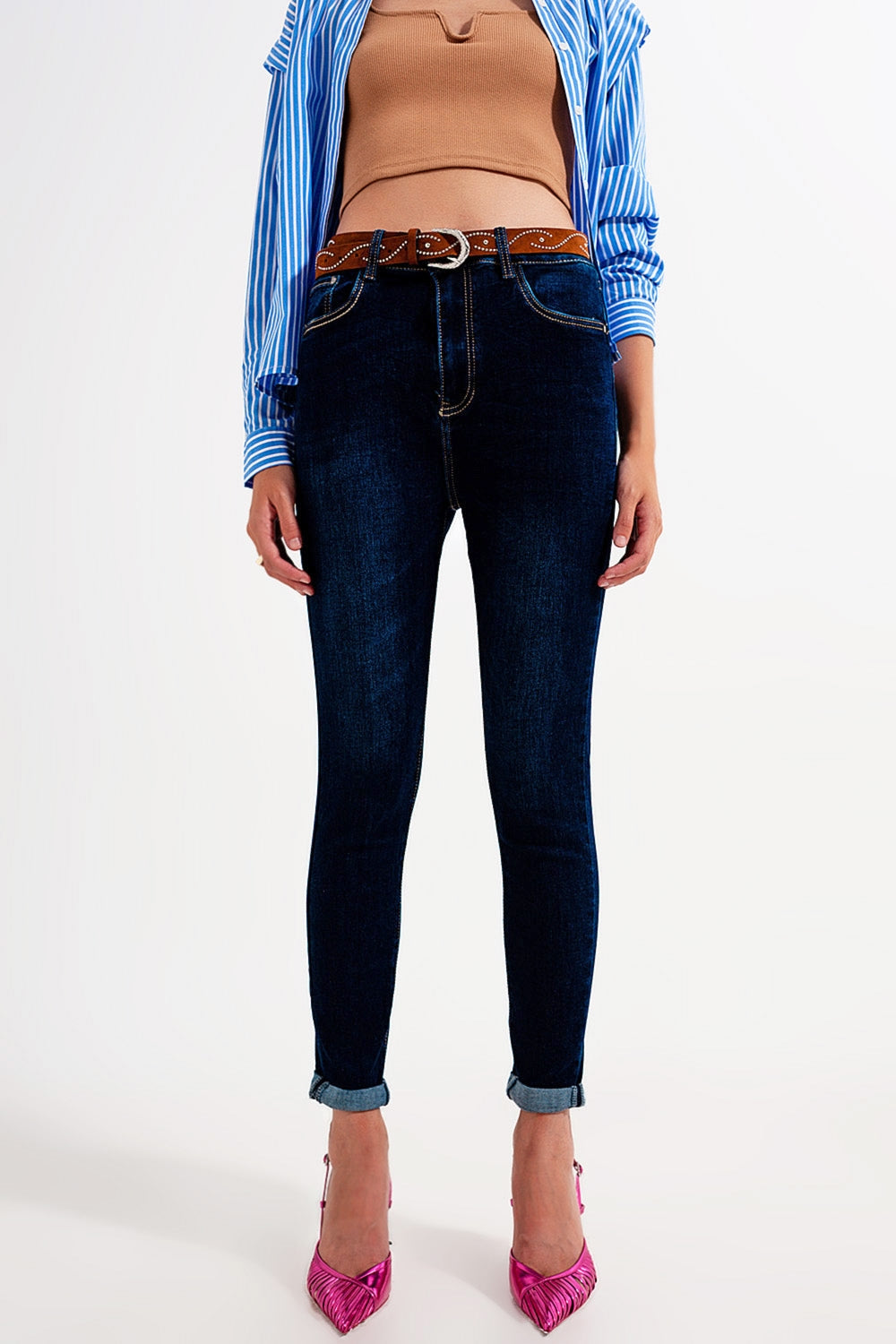 Calças de ganga skinny de lavagem azul escuro com ajuste skinny