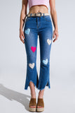 Q2 Calças de ganga skinny de lavagem escura com corações rodeados de tachas