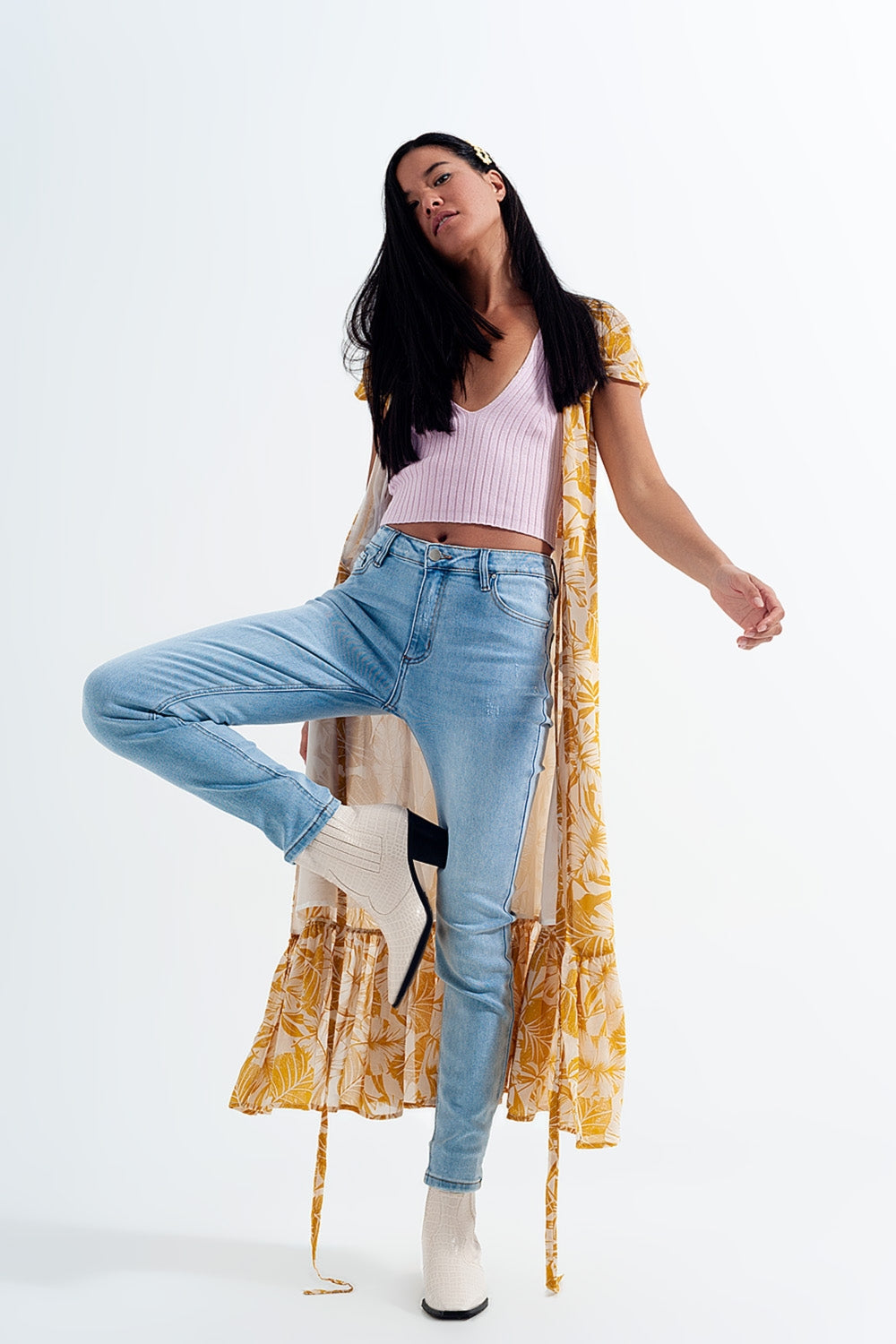 Q2 Calças de ganga skinny de lavagem ligeira com desenho vintage e desenho de cintura alta