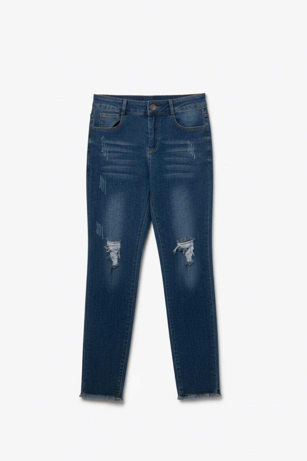Q2 Calças de ganga skinny desgastadas em lavagem média com rebordo em bruto