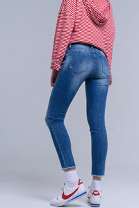 Calças de ganga skinny e desgastado com franjas