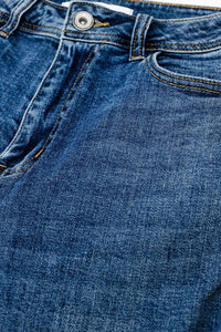 Calças de ganga skinny elásticas com cinco bolsos em lavagem escura