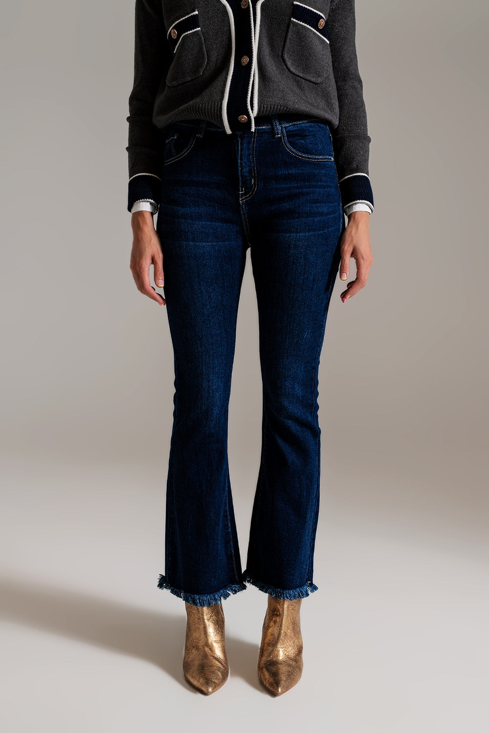 Q2 Calças de ganga skinny flare azul escuro