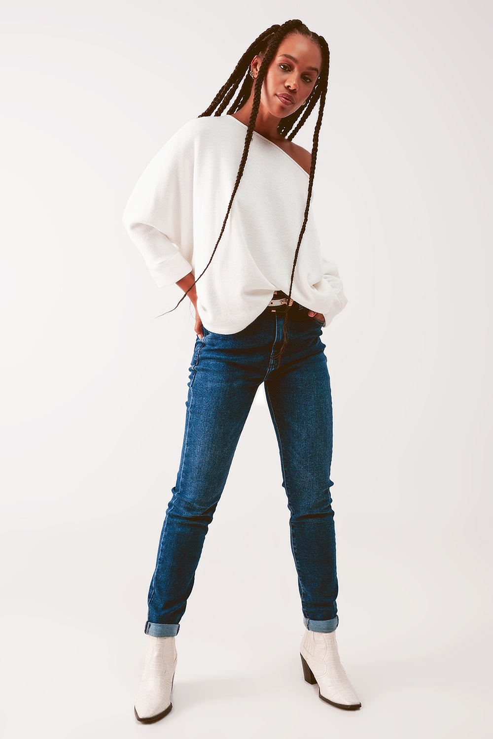 Calças de ganga skinny lavado médio de cintura alta