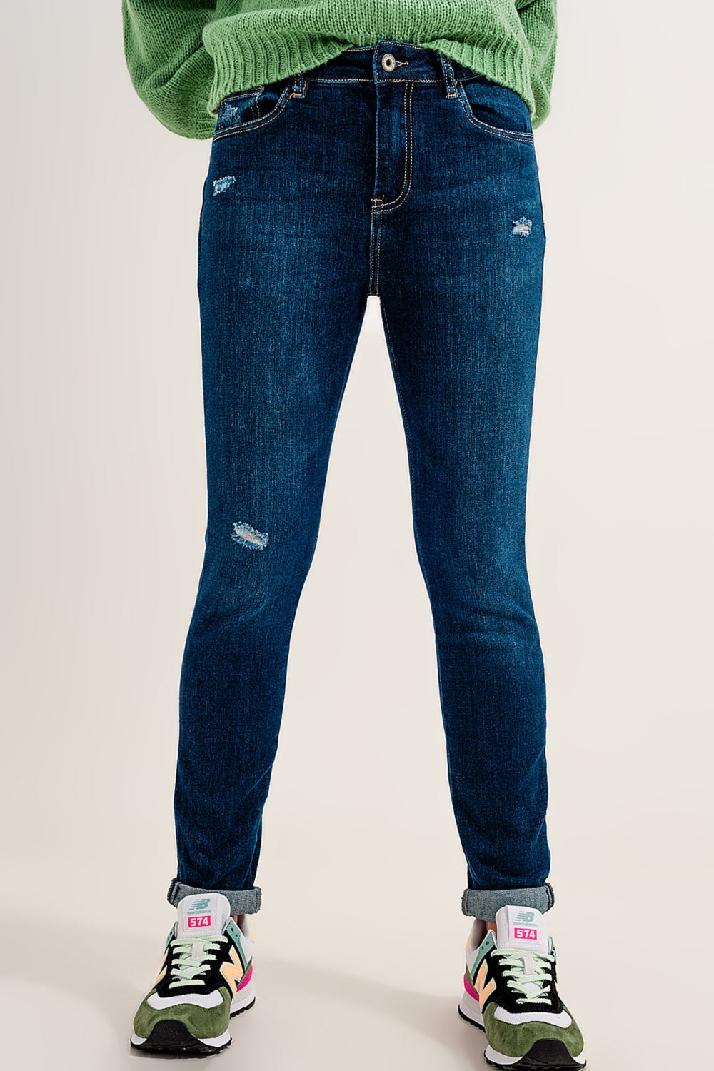 Calças de ganga Skinny mom com elasticidade em azul médio