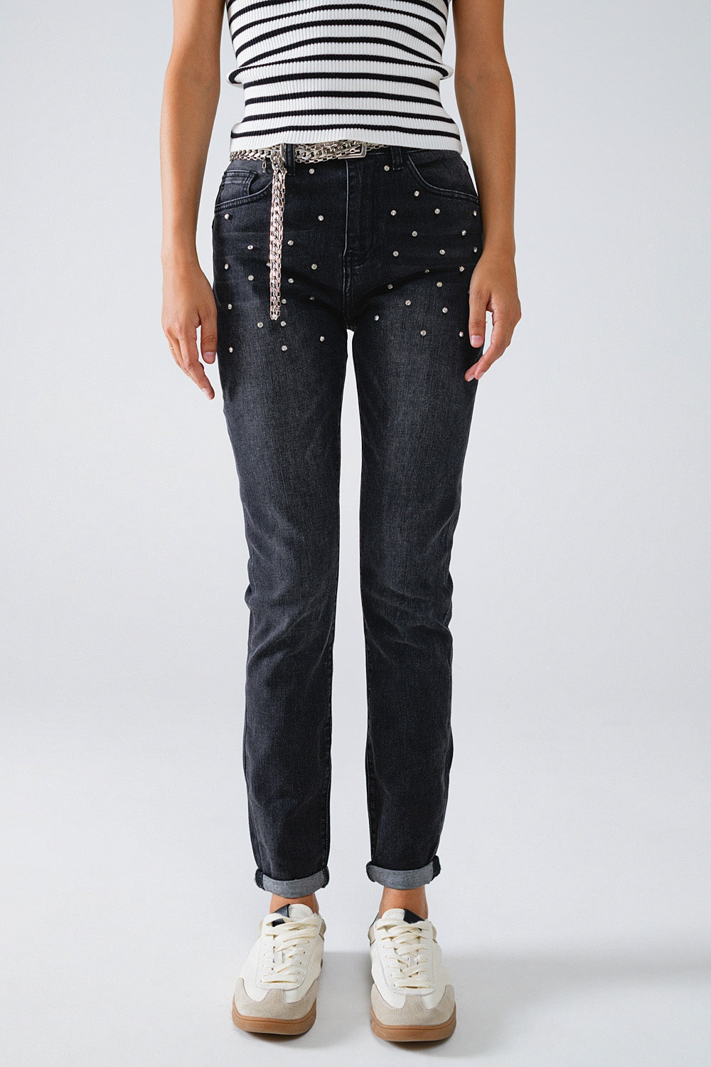 Q2 Calças de ganga skinny pretas com brilhantes