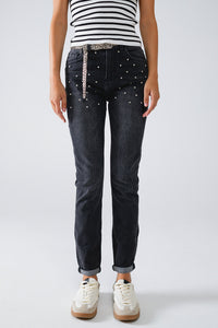 Q2 Calças de ganga skinny pretas com brilhantes