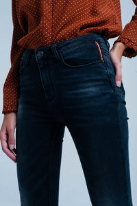 Calças de ganga skinny preto enrugado cintura alta