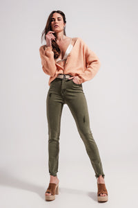 Calças de ganga skinny verdes com desenho rasgado