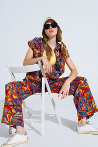 Calças de perna direita com estampado floral multicolorido em Shades Of Red