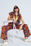 Calças de perna direita com estampado floral multicolorido em Shades Of Red