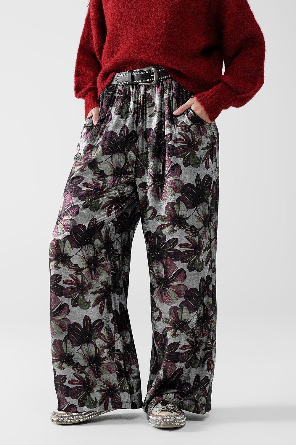 Q2 calças de perna larga com estampado floral