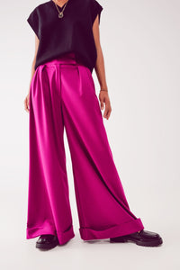 Calças de perna larga plissadas em fuchsia