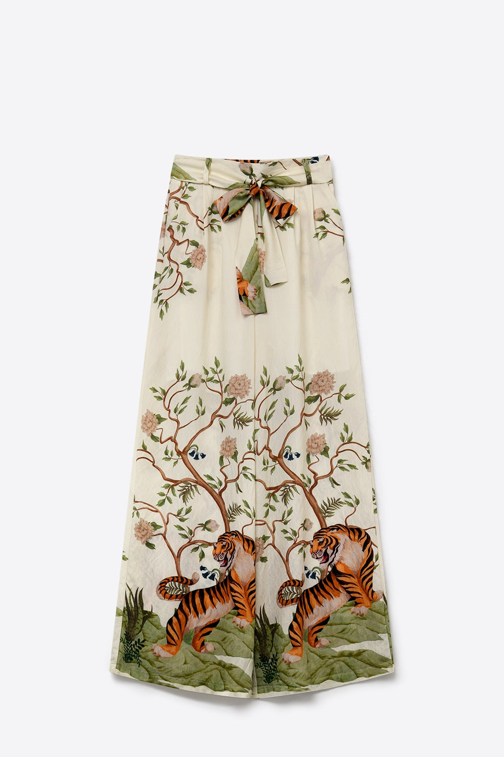 Calças de pernas largas com cintura atada de tecido leve com estampado floral em creme