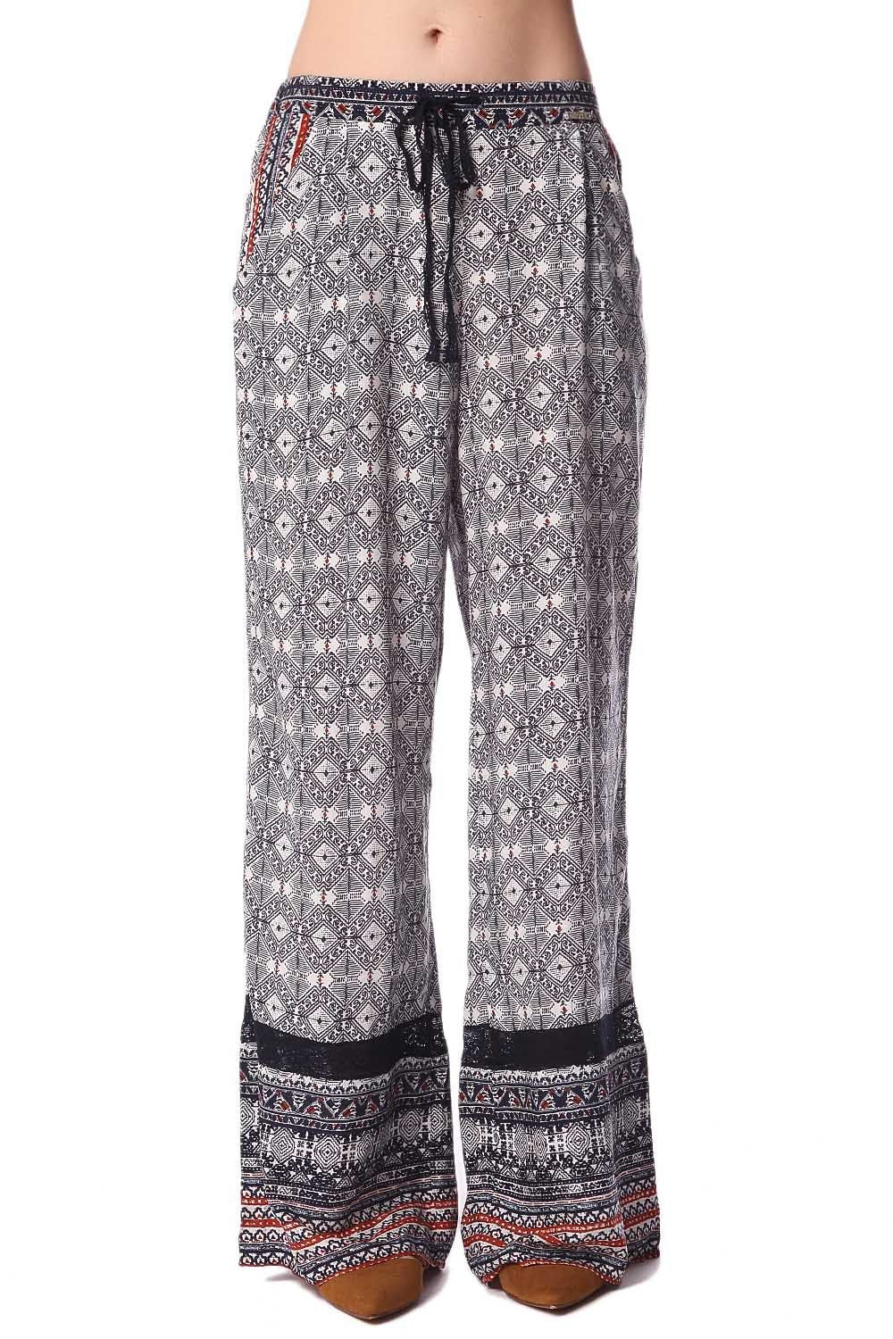 Q2 Calças de pernas largas com detalhes azul e laço modelado étnica