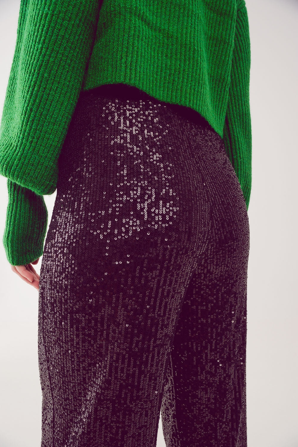 Calças de pernas largas de lantejoulas em preto