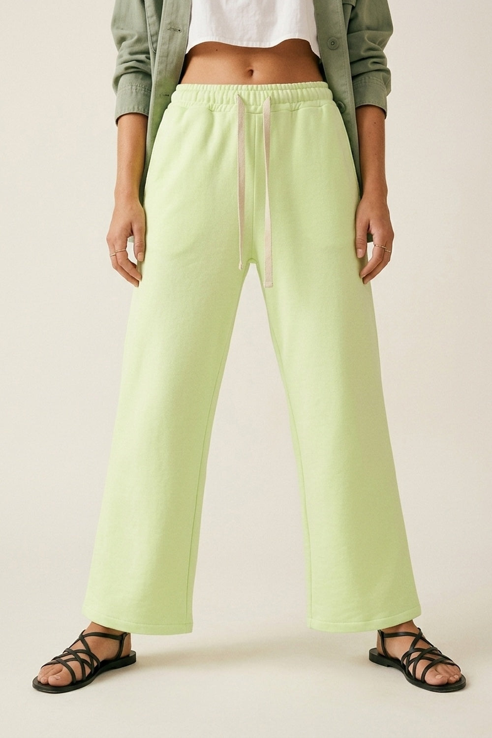 Q2 Calças de treino de malha verde com cintura elástica e laço