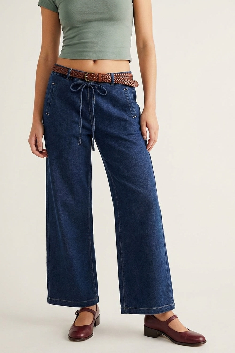 Q2 Calças Jeans Largas de Denim Azul com Laço