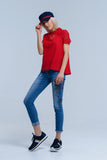 Q2 Calças jeans magras com flores pintadas