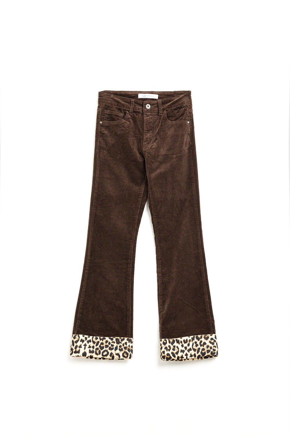 Q2 Calças largas de bombazina castanhas escuras com estampado de leopardo na parte inferior