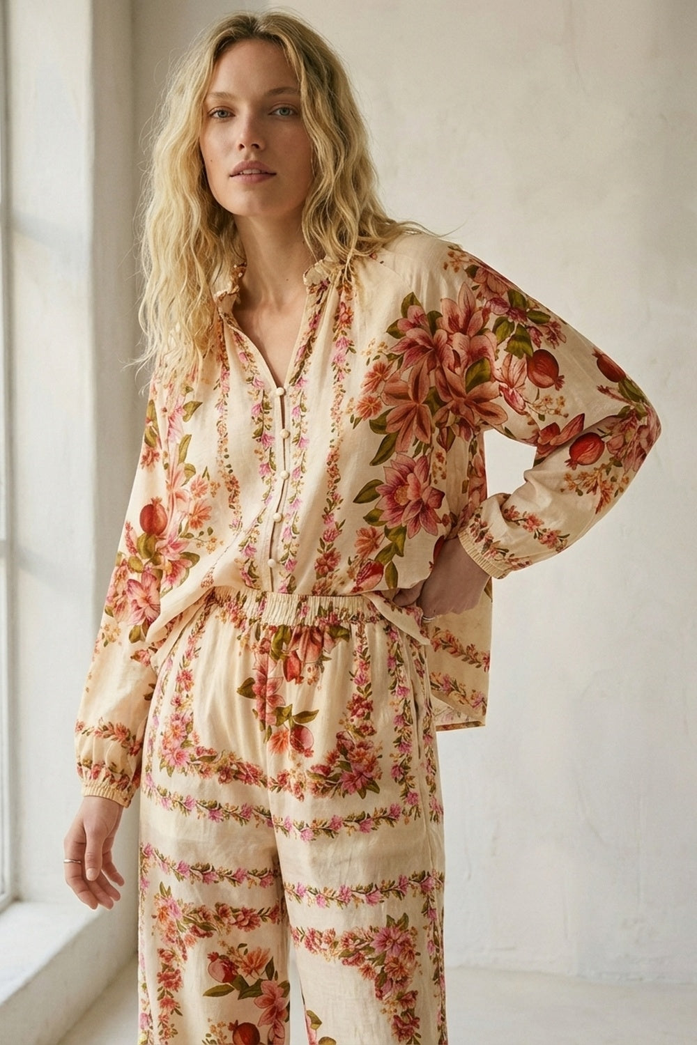 Calças largas Maxi com estampa floral em bege