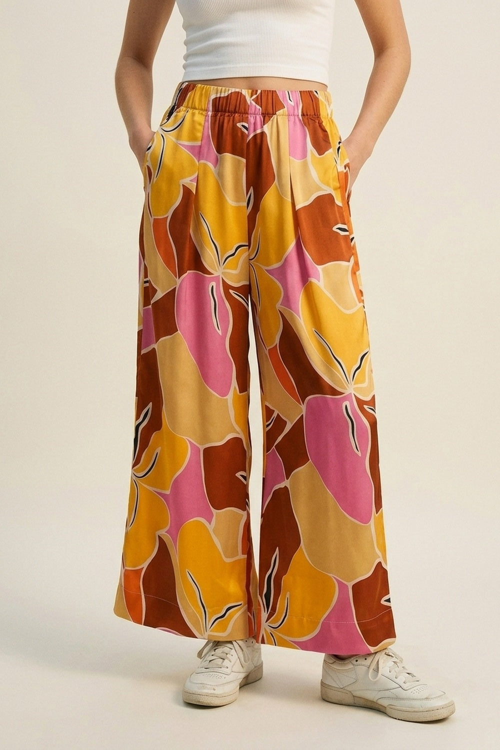 Q2 Calças Pantalonas de Estampa Tropical em Tons Quentes de Laranja