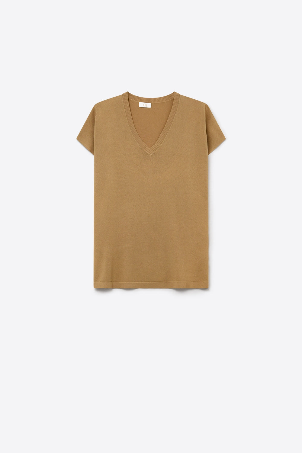 Q2 Camel Camisola de malha fina com decote em V e manga curta