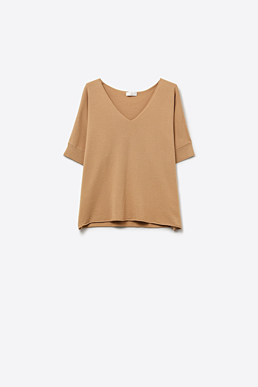 Q2 Camel Top de malha com gola em V e manga de cotovelo