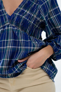 Camisa aos quadrados Babydoll em azul e verde