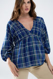 Q2 Camisa aos quadrados Babydoll em azul e verde