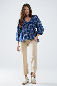 Camisa aos quadrados Babydoll em azul e verde