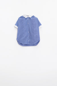 Camisa azul com mangas curtas e riscas verticais