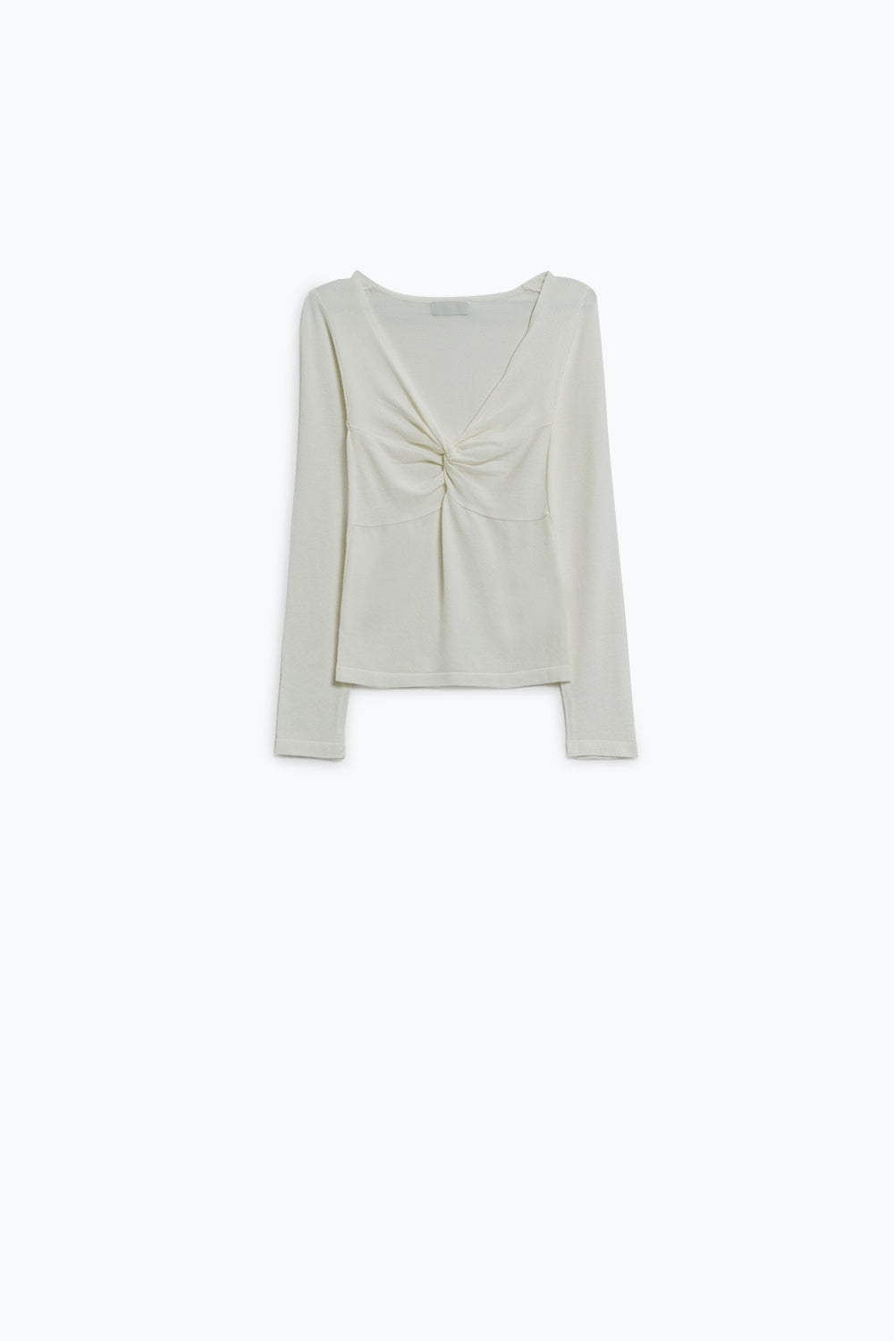 Camisa branca de manga comprida com pormenor de nó e decote em V