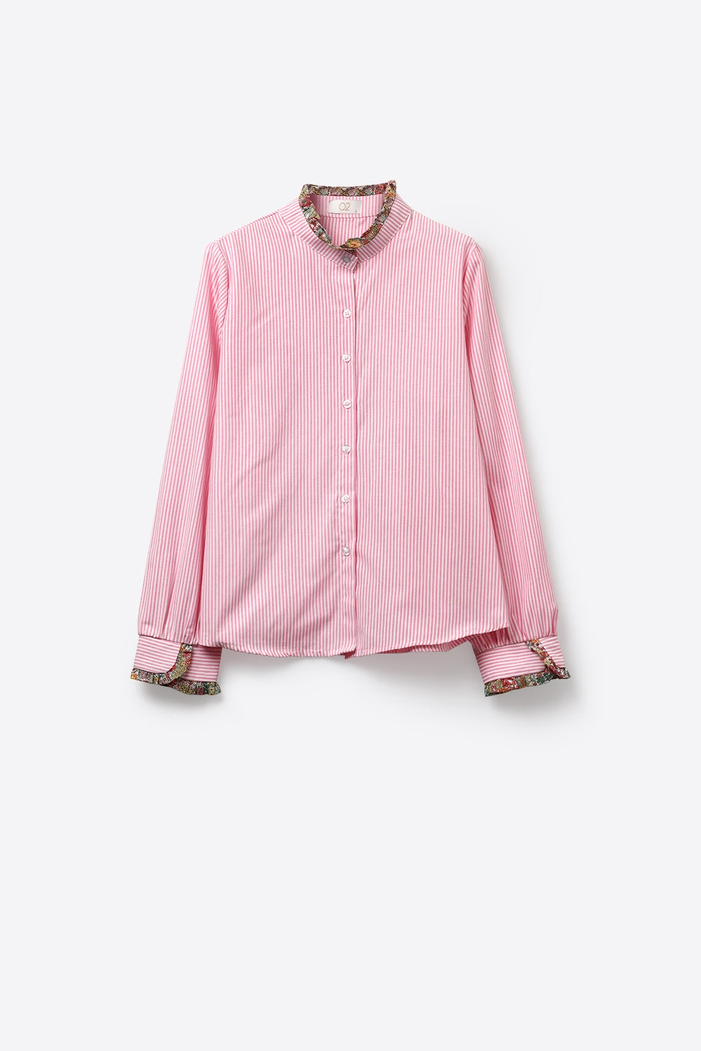 Camisa com botões às riscas cor-de-rosa e guarnição floral