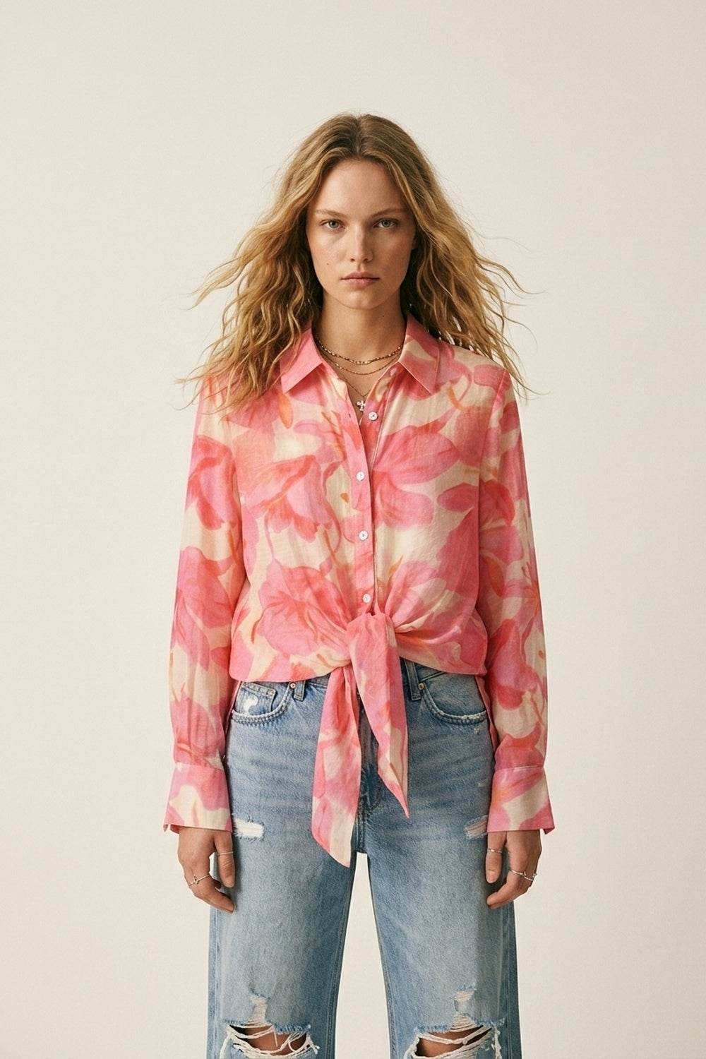 Q2 Camisa com botões de manga comprida com estampado floral cor-de-rosa
