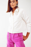 Camisa com colarinho de franjas e strass em branco