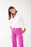 Q2 Camisa com colarinho de franjas e strass em branco