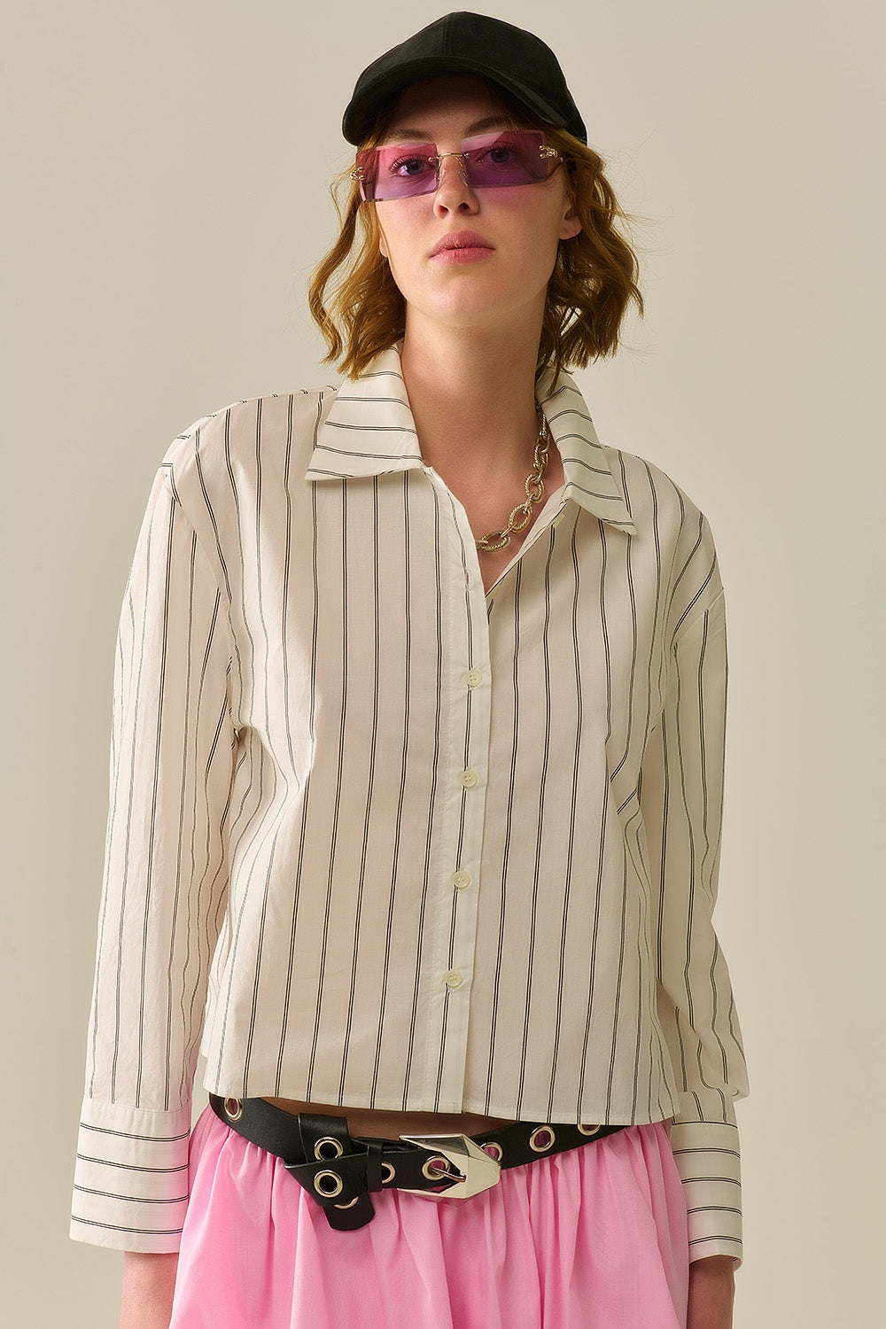 Q2 camisa cropped de popelina branca com listras